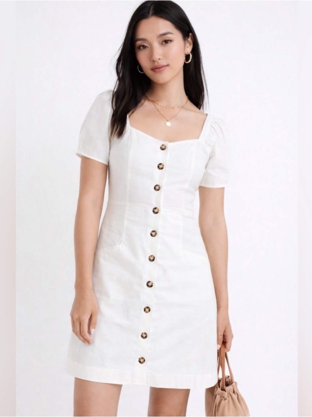 NWT Madewell Linen Cotton Puff Sleeve Mini Dress in Cream Classic 16 Style NF915